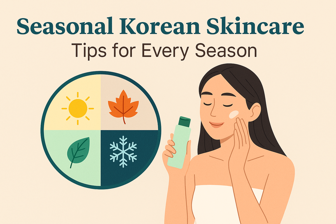 Flat-style illustration of a woman applying skincare beside icons representing the four seasons: sun, leaf, snowflake, and autumn leaf. Represents year-round Korean skincare routines.