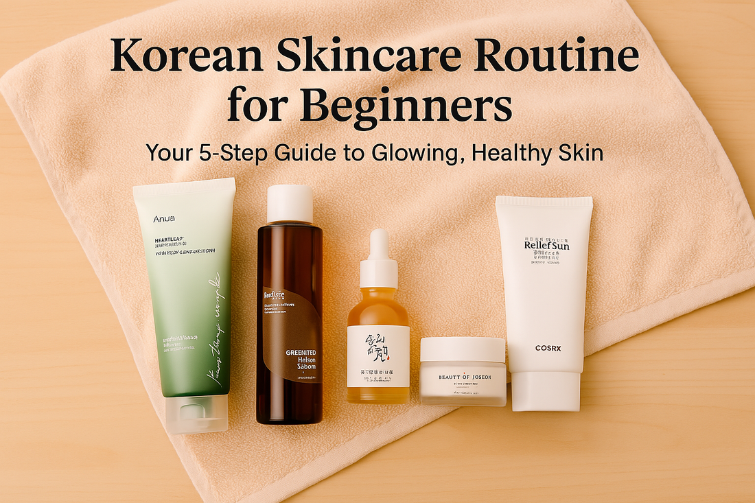 Flatlay of five-step Korean skincare routine with cleanser, toner, serum, moisturizer, and sunscreen displayed on soft background for beginners