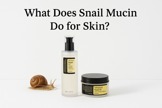 COSRX Advanced Snail 96 Mucin Power Essence and Snail 92 All In One Cream displayed with a brown garden snail and text asking “What Does Snail Mucin Do for Skin?” on a white background