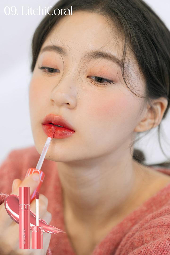 bright coral lip tint with gloss finish